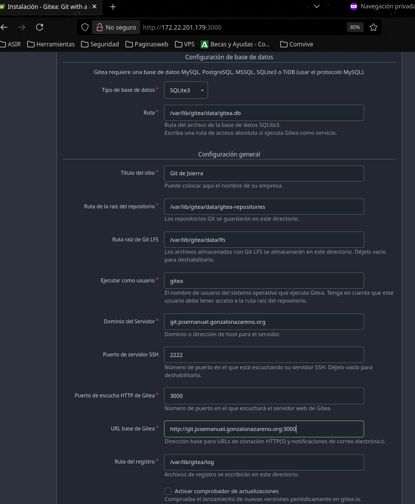 Instalador de Gitea con la configuración de base de datos y del sitio