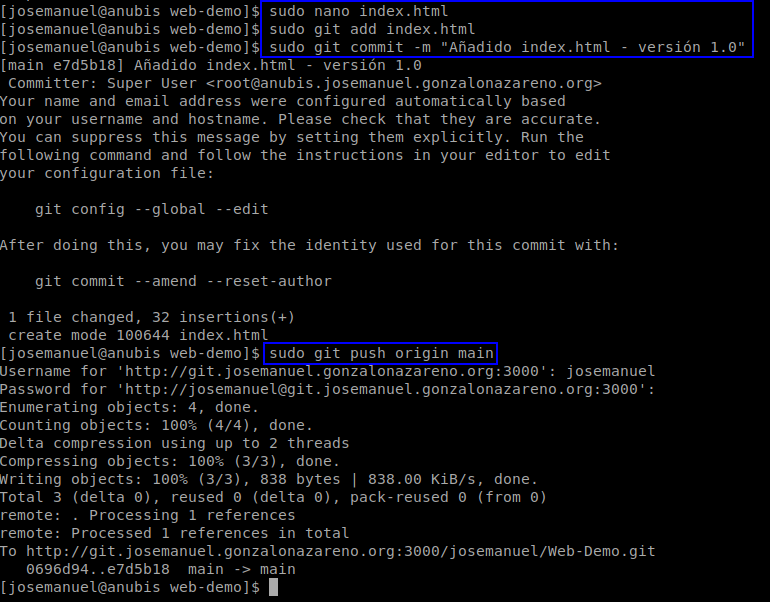 Clonado del repositorio Web-Demo en Anubis