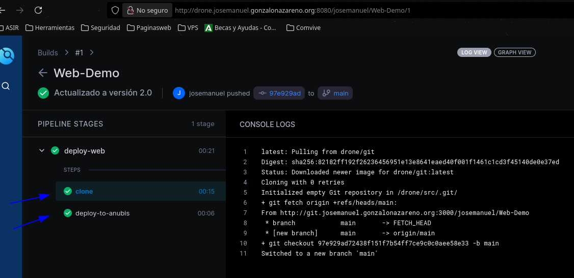 Logs detallados del pipeline, con clone y deploy-to-anubis en verde