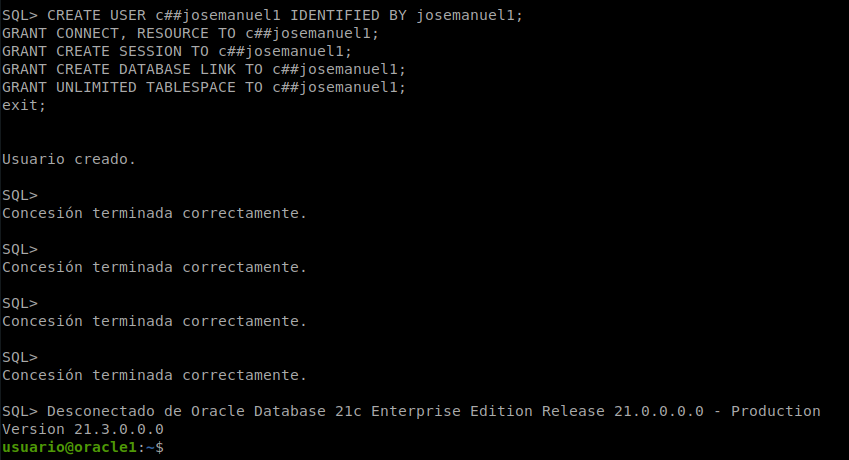 Creación del usuario y concesión de permisos en Oracle1