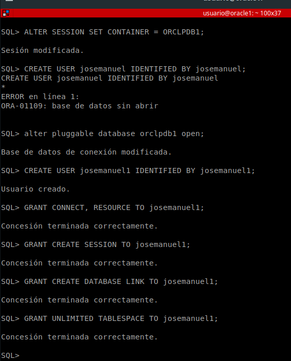 Listado de PDBs disponibles y creación de usuario en el PDB