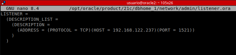 listener.ora configurado en Oracle2