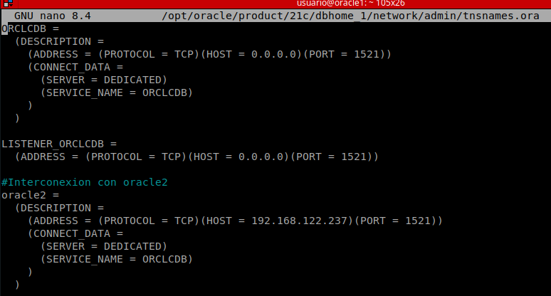 tnsnames.ora en Oracle1 con el alias oracle2