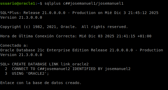 Creación del database link link_oracle2