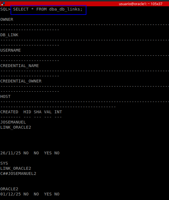 Verificación de los enlaces creados con dba_db_links