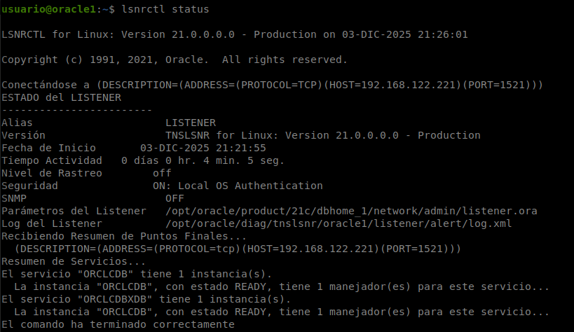 lsnrctl status mostrando el servicio ya registrado