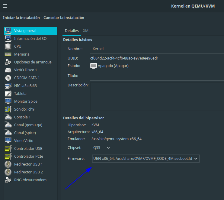 Selección del firmware UEFI con Secure Boot en virt-manager