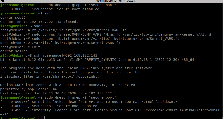 Secure Boot deshabilitado antes del cambio de NVRAM, y habilitado tras copiar las claves Microsoft y reiniciar