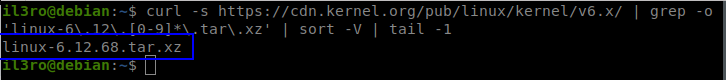 Búsqueda de la última versión estable del kernel 6.12.x con curl