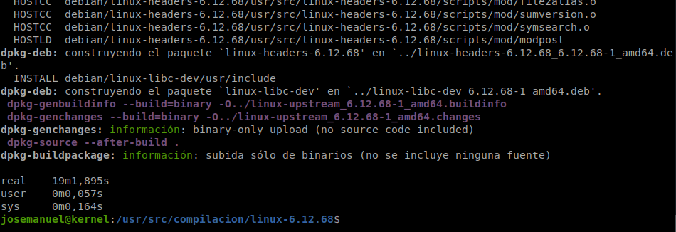 Resultado de la compilación del kernel con make bindeb-pkg: paquetes generados y tiempo total