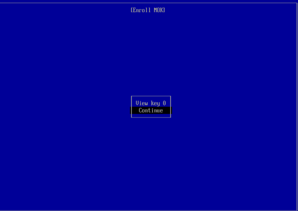 Pantalla Enroll MOK con la opción View key 0 y Continue