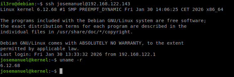 Conexión SSH a la máquina y confirmación de que corre el kernel 6.12.68 compilado