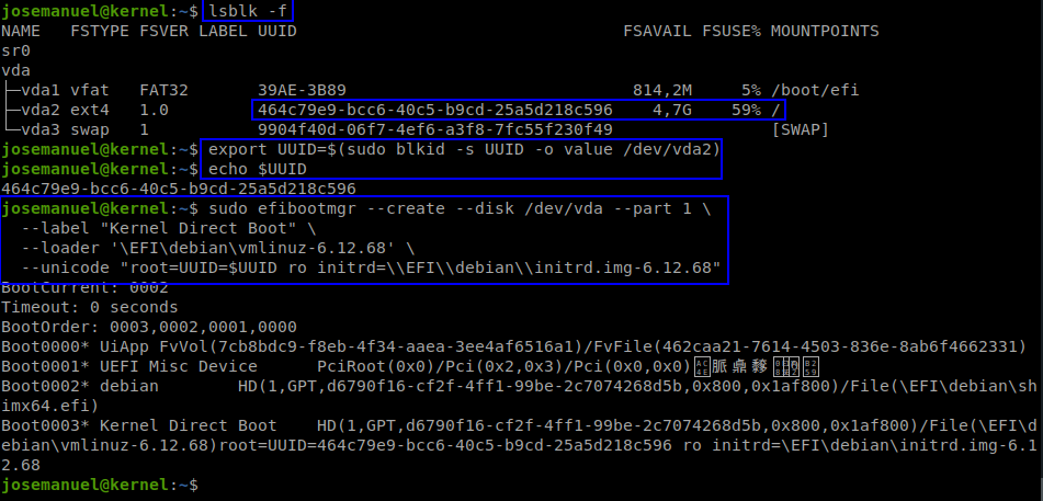 Comprobación de particiones con lsblk -f, exportación del UUID y creación de la entrada de arranque con efibootmgr