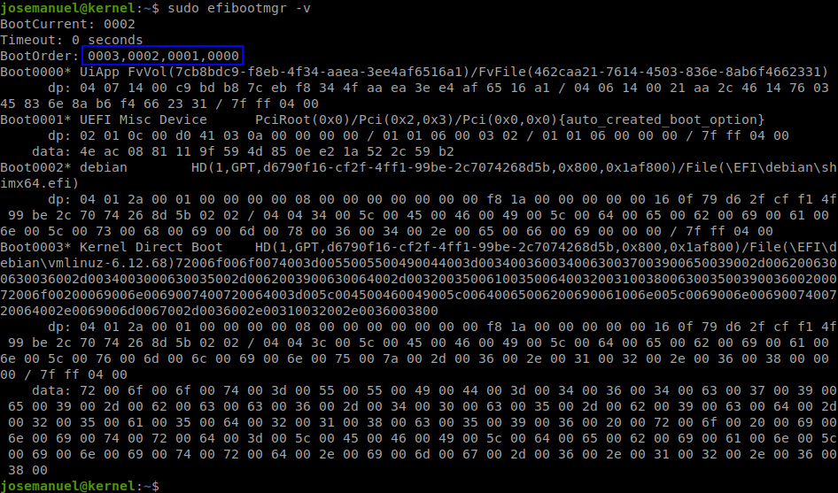 Listado completo de entradas de arranque UEFI, con Kernel arranque directo entre ellas