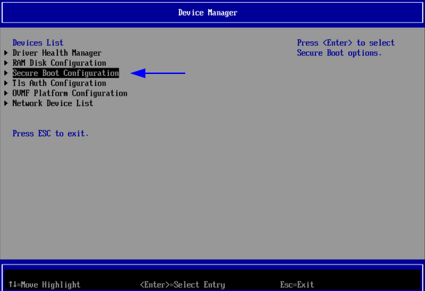 Device Manager con Secure Boot Configuration seleccionado