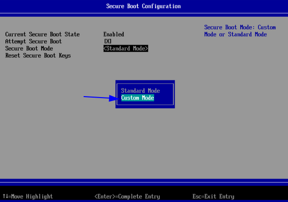 Secure Boot Configuration cambiando Secure Boot Mode de Standard a Custom Mode