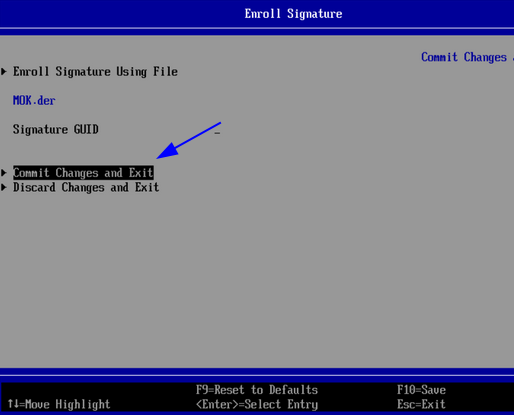 Pantalla Enroll Signature con MOK.der cargado y Commit Changes and Exit seleccionado
