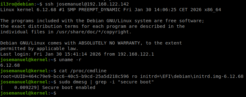 Conexión SSH tras el arranque directo: uname -r, cat /proc/cmdline con el UUID y el initrd, y Secure Boot enabled