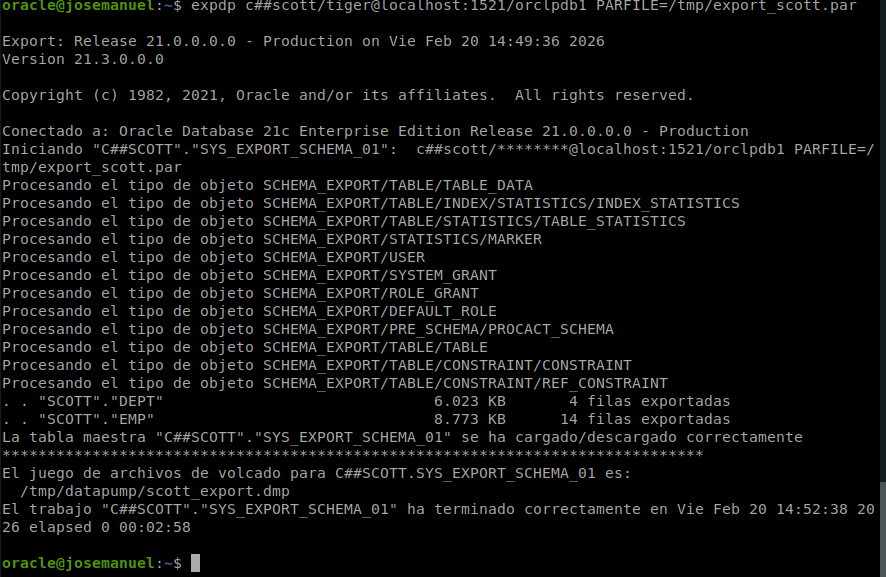 Salida de expdp exportando el esquema de SCOTT: tablas DEPT y EMP exportadas