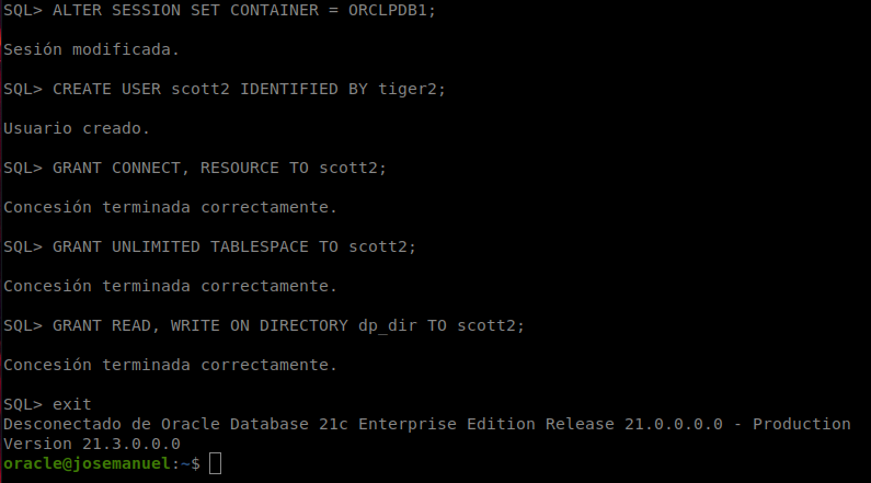 Creación del usuario scott2 y concesión de permisos en SQL*Plus