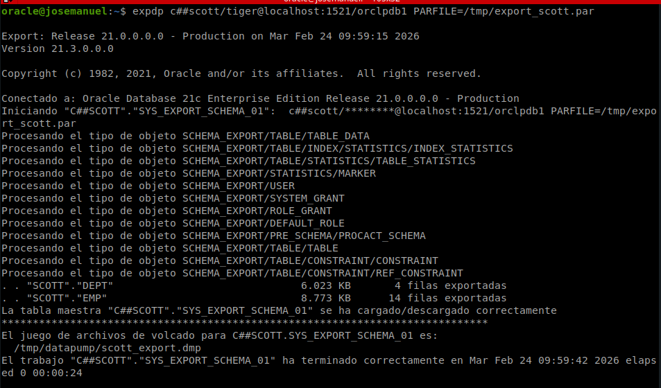 Nueva ejecución de expdp para generar el dump que se va a importar en scott2