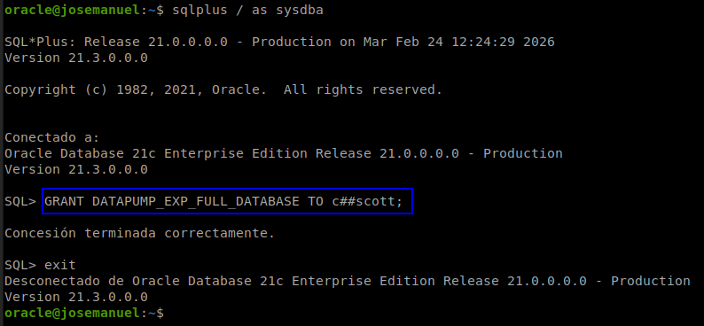 Concesión del rol DATAPUMP_EXP_FULL_DATABASE a c##scott en SQL*Plus