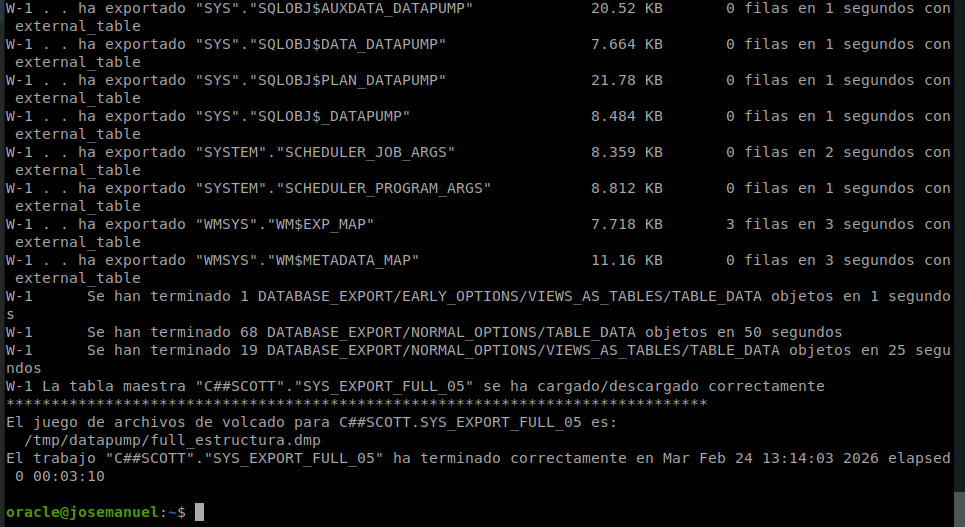 Salida de expdp exportando la estructura completa de la base de datos