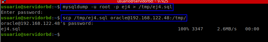 Exportación con mysqldump y transferencia del fichero por scp