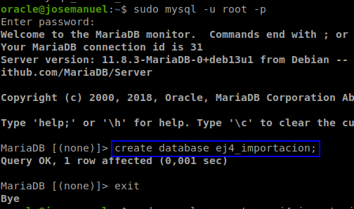 Creación de la base de datos ej4_importacion en MariaDB