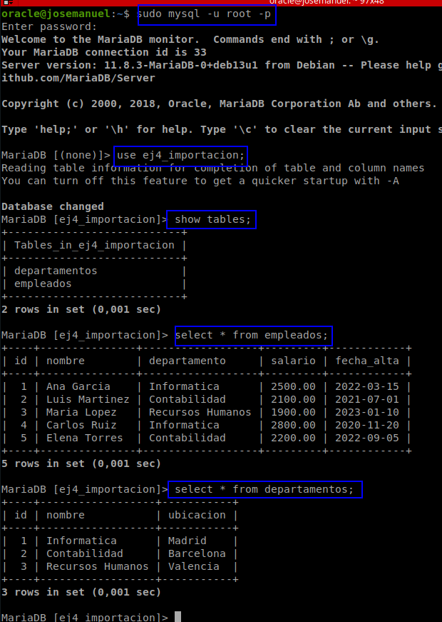 Verificación en MariaDB: tablas y datos de empleados y departamentos ya presentes en ej4_importacion