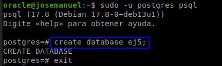 Creación de la base de datos ej5 en PostgreSQL