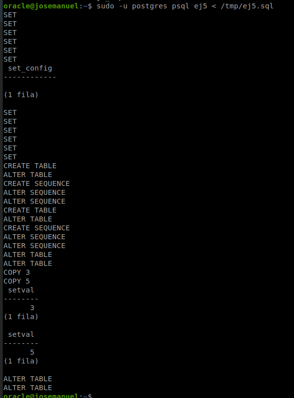 Salida de la importación del volcado SQL en PostgreSQL: tablas y secuencias creadas