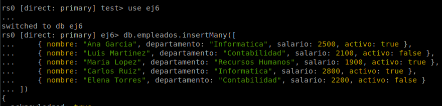 Inserción de documentos de prueba en la colección empleados, con el campo activo