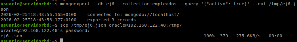 Exportación filtrada con mongoexport y transferencia del JSON por scp