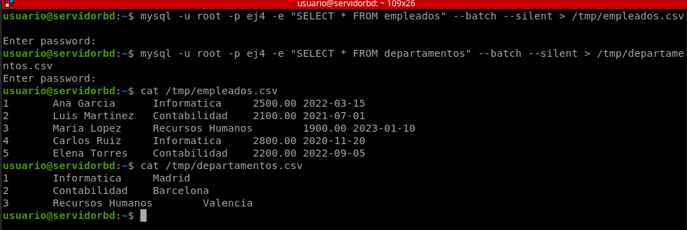 Exportación de las tablas empleados y departamentos a CSV con el modo batch de MySQL