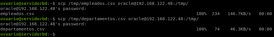 Transferencia de los dos ficheros CSV a la máquina Oracle por scp