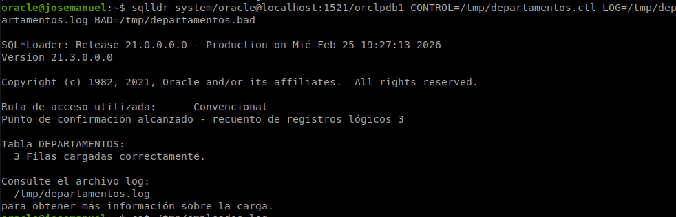 Carga de la tabla departamentos con sqlldr: 3 filas cargadas correctamente