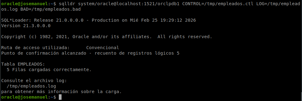 Carga de la tabla empleados con sqlldr: 5 filas cargadas correctamente