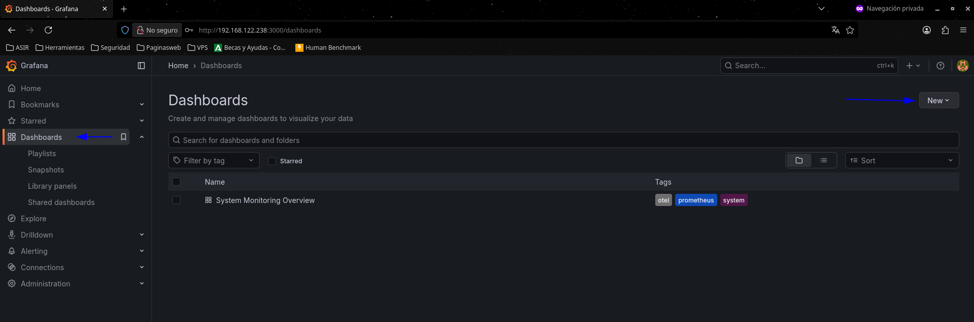 Panel de Dashboards de Grafana con el botón New señalado