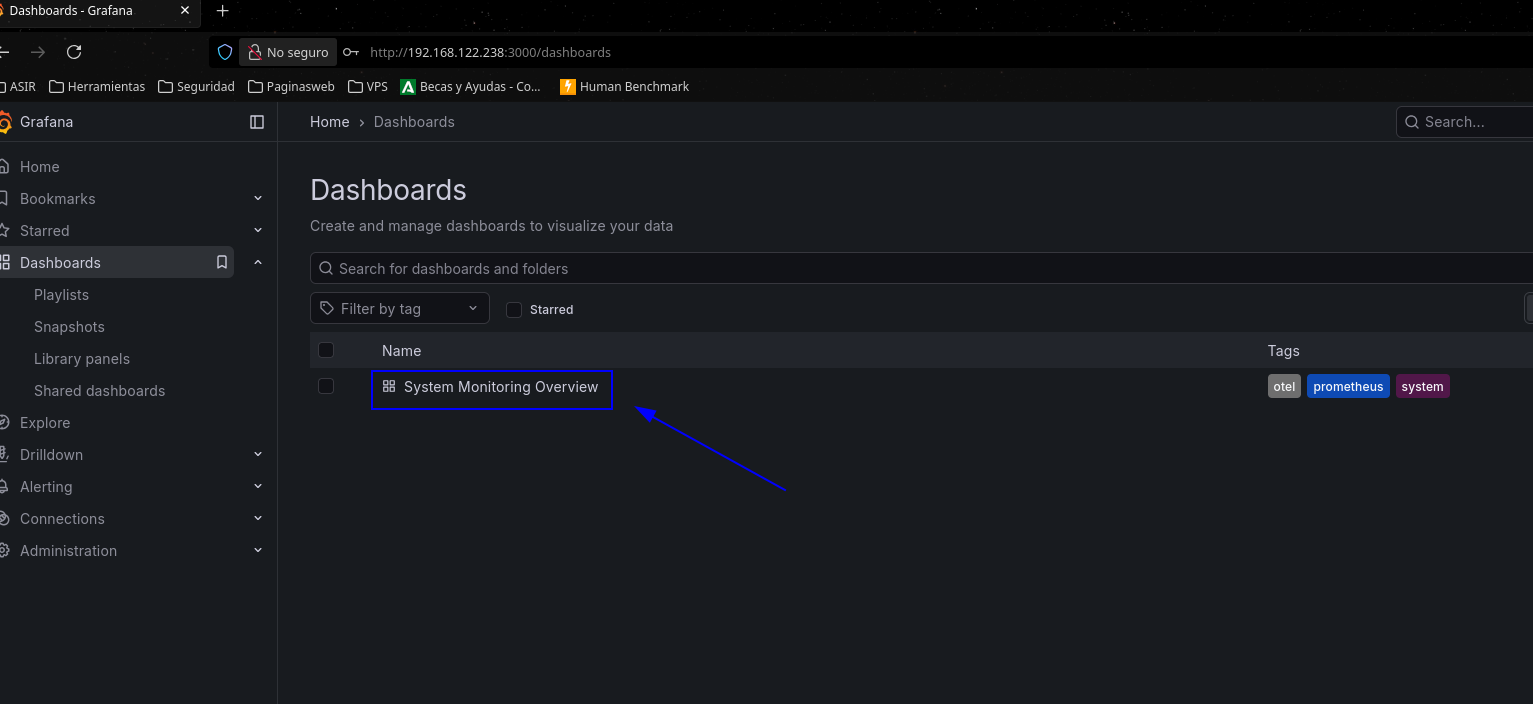 Dashboard System Monitoring Overview ya listado en el panel de Dashboards de Grafana