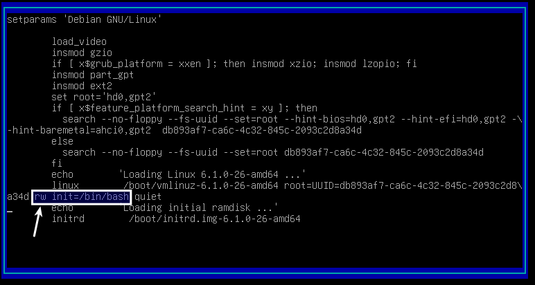 Línea de arranque de GRUB ya modificada con &ldquo;rw init=/bin/bash&rdquo;