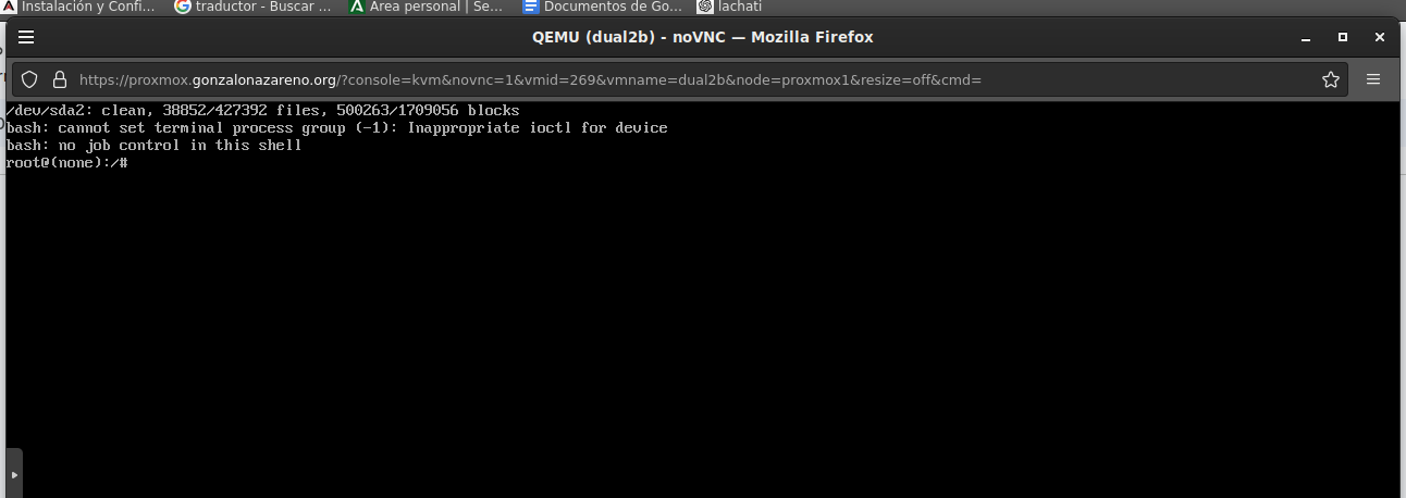 Terminal mostrando el prompt root@(none):/# tras arrancar con init=/bin/bash