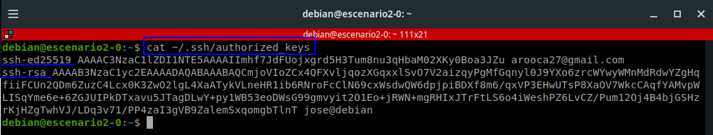 Contenido del authorized_keys con las claves públicas añadidas