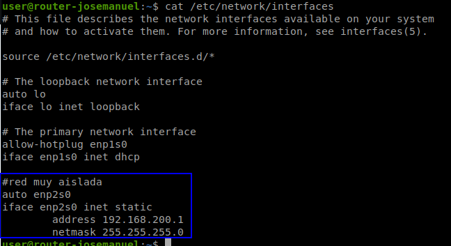 Contenido de /etc/network/interfaces con la interfaz de la red aislada en estático