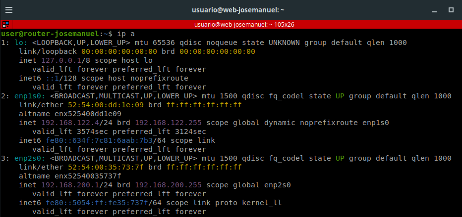 Salida de ip a confirmando la IP 192.168.200.1/24 en la interfaz de red_intra