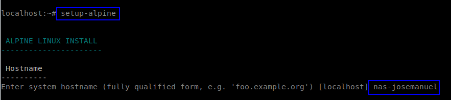 Asistente setup-alpine pidiendo el hostname