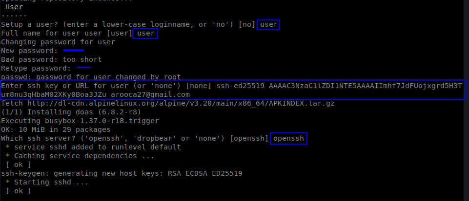 Creación del usuario, contraseña e instalación de OpenSSH