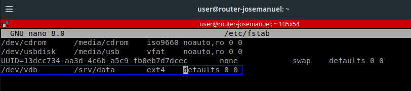 Línea añadida al fstab del NAS para montar /dev/vdb en /srv/data