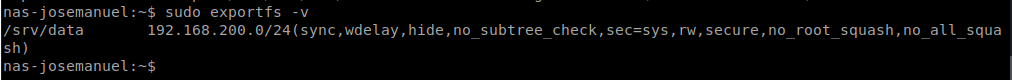 Salida de exportfs -v confirmando el recurso /srv/data exportado