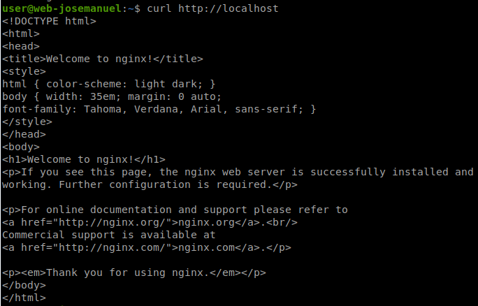 Página por defecto de nginx devuelta por curl